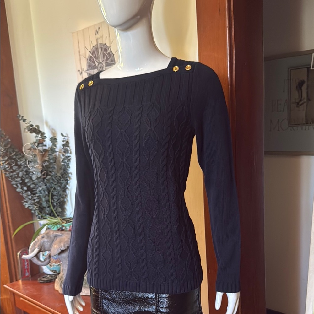 NWT jones NY navy size small Cable Knit Sweater with Gold Button Accents